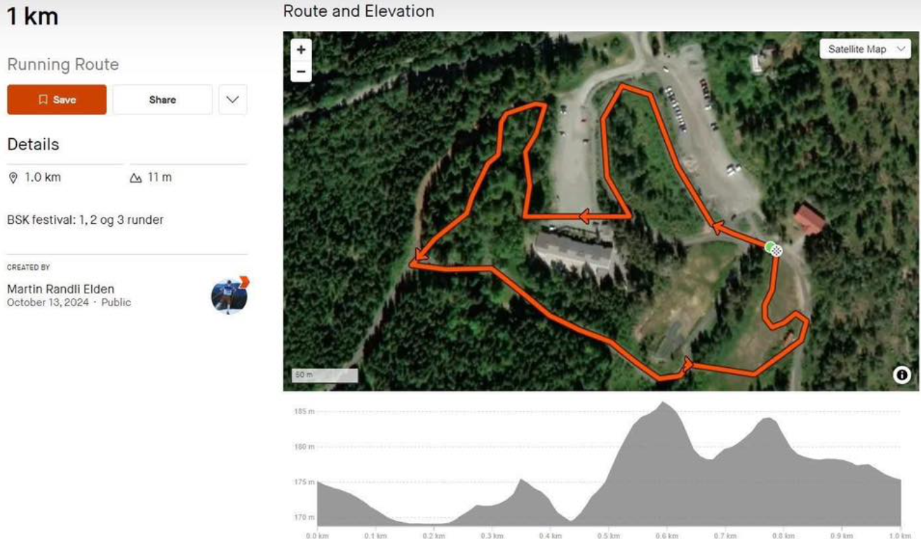 Løypekart 1 km-runden med høydeprofil
